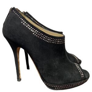 Jimmy Choo Peep Toe Heels Suede Bootie Studded Platform Zip Black Silver 7.5